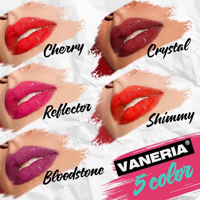 VANERIA Glitter Lip Gloss Shimmer,Matte Liquid Lipstick Rapid Drying,Long Lasting Highly Pigmented Color,Waterproof,Lipgloss Glitter Non-Sticky.shimmy(4ml/0.14oz)