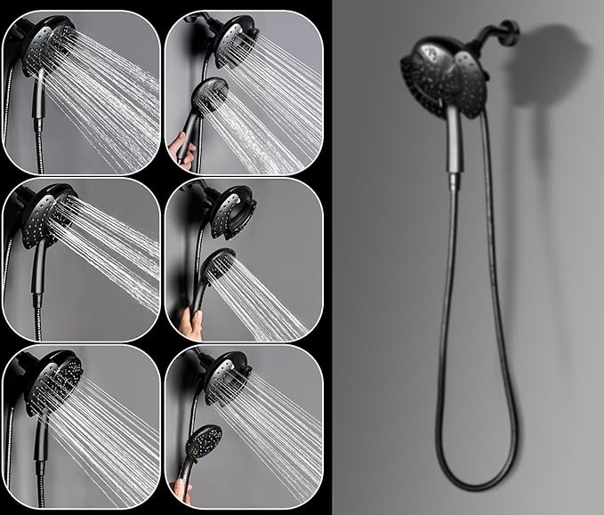 GRICH 2.5GPM Shower Head with Hand: 2 in 1 High Pressure Shower Heads With Handheld Spray Combo & Rain Shower Head, 9 Spray Modes Anti-Leak Waterfall Showerhead, Angle Adjustable, Matte Black