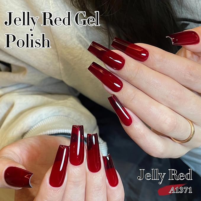 Double Rhythm 0.5Oz Jelly Gel Polish Translucent Sheer Neutral Natural Light Milky Same Color Same Bottle 15ML Burgundy Gel DIY at Home (Blood Red-A1371)