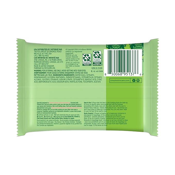 Simple Kind To Skin Cleansing Makeup Remover Wipes - Vegan Facial Cleanser Wipes with Vitamin B5 and E - Removes Waterproof Makeup - 4 pc