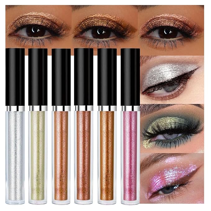 SUAKE Liquid Sparkling Glitter Eyeshadow Stick Pack - High Pigment Shimmer Metallic Eye Shadow, Long-Lasting, White Blue Black Gold Purple Bold Colors,Quicking-Dry (1#-6#, Pack of 6)