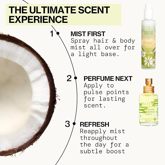 Pacifica Tahitian Gardenia Perfume Spray 1oz – Tropical Floral Fragrance with Gardenia Bloom, Jasmine & Sweet Orange, Warm Vanilla Coconut Notes, Vegan & Cruelty-Free Clean Perfume for Women