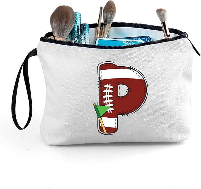 ARIOSEY Football Initial Birthday Graduation Gifts Cosmetic Travel Toiletry Bags Football Accessories Party Favors for Women Girls Daughter Niece Team Coach Friends -P