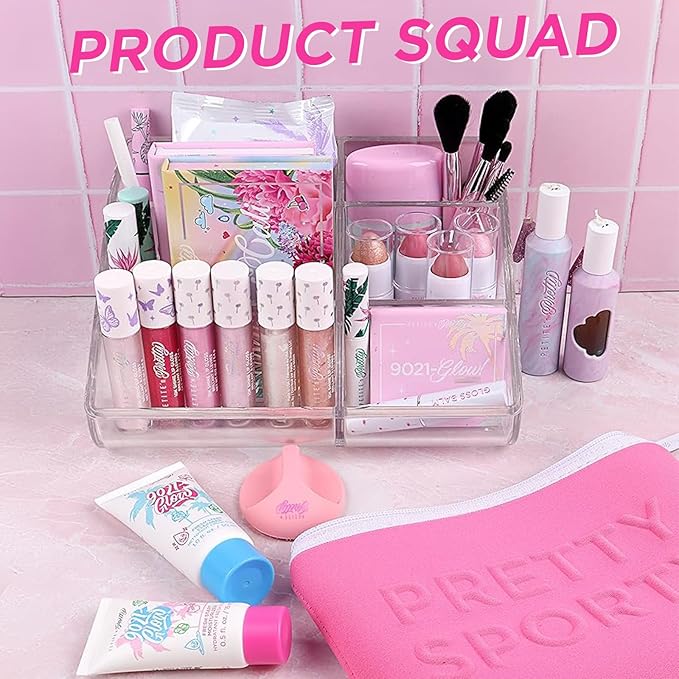 Petite N Pretty Glitter Makeup Set - Shimmering for Eyes, Cheeks, and Body - Glow Up Stick & All-Over Glitter in Pink Sherpa Bag for Kids, Teens, and Tweens (Bronze)