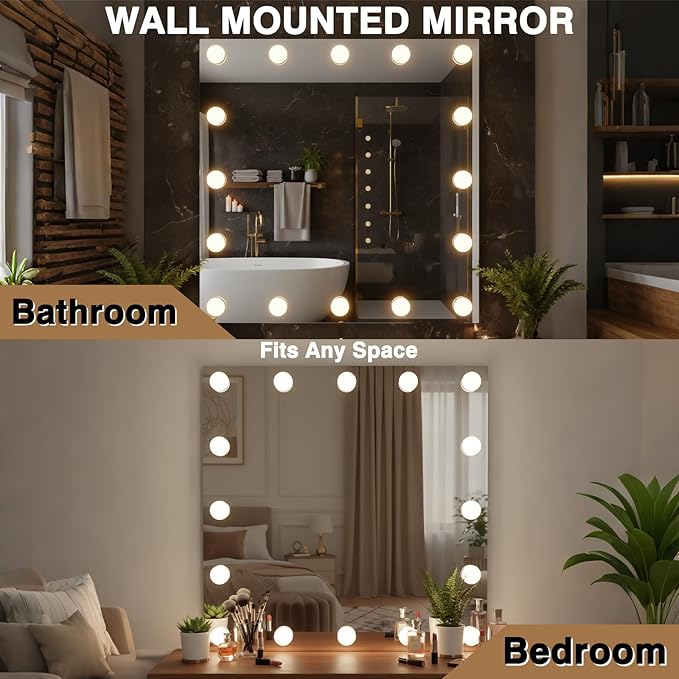 32x32 Hollywood LED Bathroom Mirror with LED Bulbs, Colors Changeable & Brightness Dimmable, Anti-Fog Mirror, Shatter-Proof, Memory, Touch Screen Mirror, Wall Mounted, Horizontal/Vertical