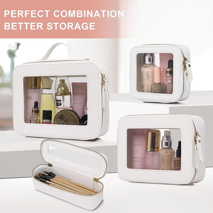 Pinkmik Clear Makeup Bag with Brush Bag 2pcs Waterproof Travel Case for Cosmetics and Toiletries Women's Cosmetic Organizer with Zipper (White, L+SLIM)