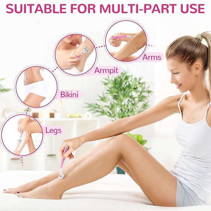 DreamGenius Razors for Women Include 1 Non-Slip Handles and 7 Blade Refills with a Shower Holder, 5 Premium Blades Women's Razors for Shaving with 360° Lubrication Reduces Irritation, Pink