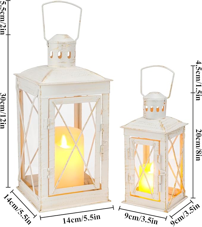 TRIROCKS Set of 2 Decorative Candle Lantern 12'' & 8'' High Metal Candle Holder Hanging Lantern Perfect for Home Decor Patio Living Room Parties Events Tabletop Indoors Outdoors (White)