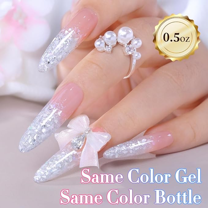 Double Rhythm 0.5Oz Glitter Gel Polish Same Color Same Bollte Shimmer Reflective Color for Nail Art Salon DIY Soak Off 15ml Nail Lamp Gel Polish at Home (White-B1197)