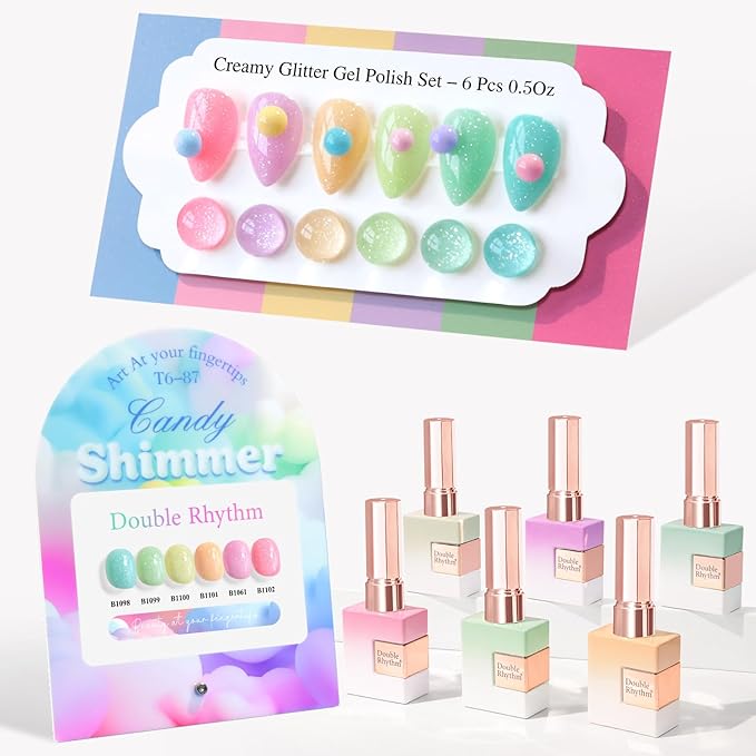 Double Rhythm 6 Pcs 15 ML Gel Polish Set Same Color Same Bottle Soak Off Gel Polish Kit Nail Art Manicure Salon DIY at Home (Shimmer Pink Green Blue Purple Orange Yellow-T6-87)