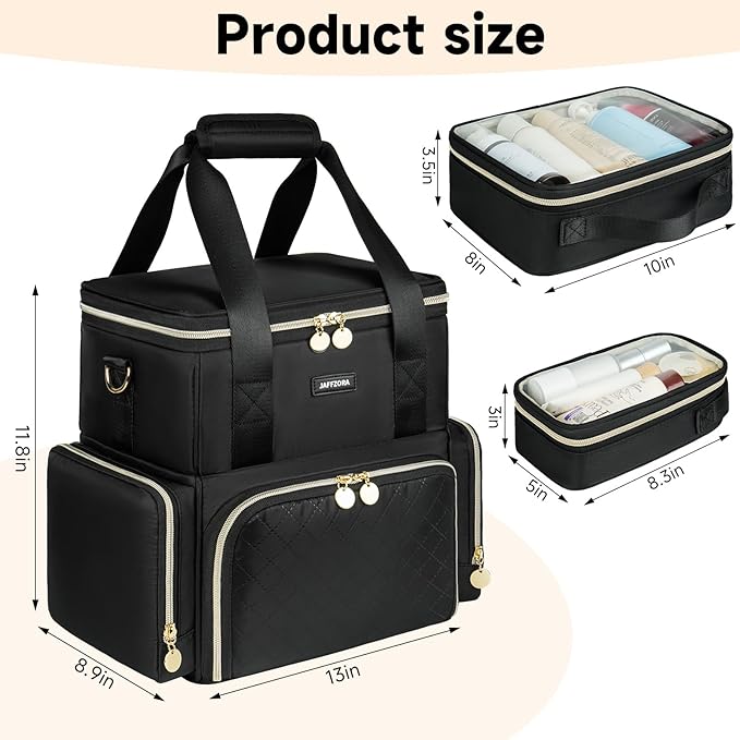 Jaffzora Extra Large Makeup Bag with 3 Removable Cases, Double Layers Travel Cosmetic Storage Organizer Bag with Detachable Dividers, Black