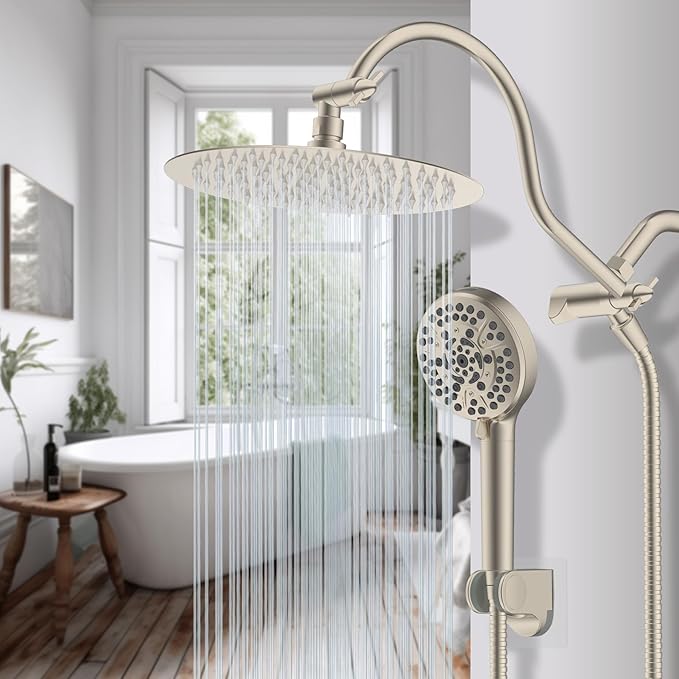 Hibbent All Metal CUPC Certified Shower Head, 10'' High Pressure Rainfall Shower Head, Handheld Showerhead Combo with 12'' Adjustable Extension Arm, 10-Spray, 71'' Hose, Shower Holder, Brushed Nickel