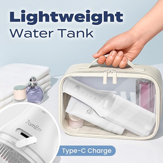 7AM2M Portable Cordless Water Flosser, Oral Irrigator with 3 Modes & 2 Tips, Fast Rechargeable, IPX7 Waterproof, Dental Water Flosser for Travel and Home Use (White)