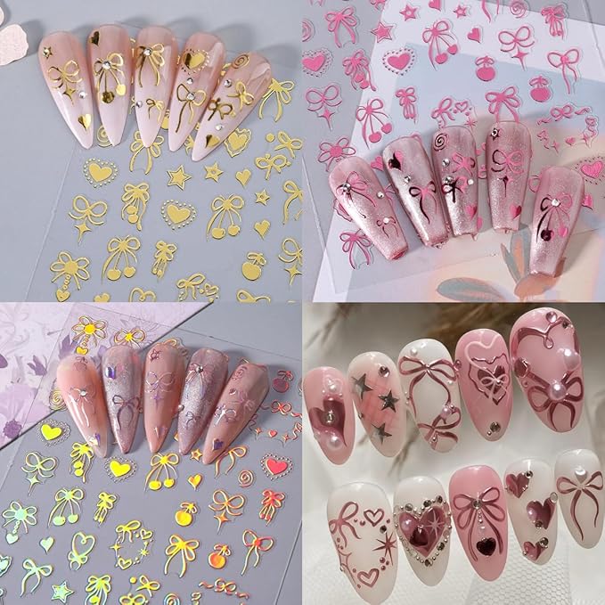 6 Sheets Heart Bow Tie Nail Art Stickers Decals 3D Self-Adhesive Bow Cherry Pegatinas Uñas Gold Pink Laser Hollow Heart Nail Supplies Y2K Star Heart Nail Art Design Decoration Accessories for Women
