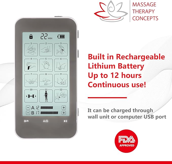 Massage Therapy Concepts TENS Unit Muscle Stimulator for PainRelief - Professional Dual Therapy Machine with 12 Modes and 20 Levels - Complete Accessory Set for Back and Neck Pain