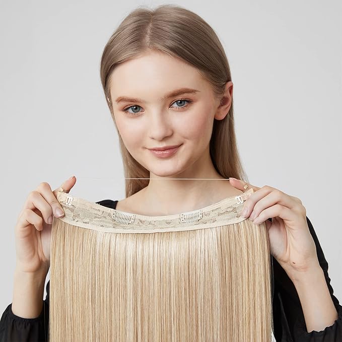 REECHO Invisible Wire Hair Extensions with Transparent Headband Adjustable Size Removable Secure Clips in Straight Secret Hairpiece for Women (12Inch(Pack of 1), Light Blonde)