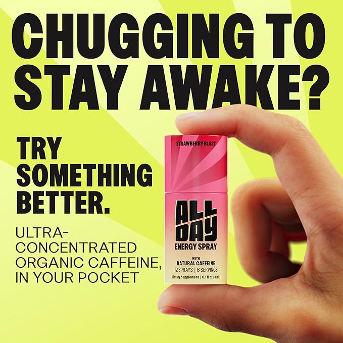 ALLDAY - Caffeine Spray, Promotes Focus and Energy - Pocket-Size Energy Shot/Drink, Caffeine Gum and Pouch Alternative - Formulated with L-Theanine, Vitamin B12, & Vitamin D | Strawberry Blast 8 Pack