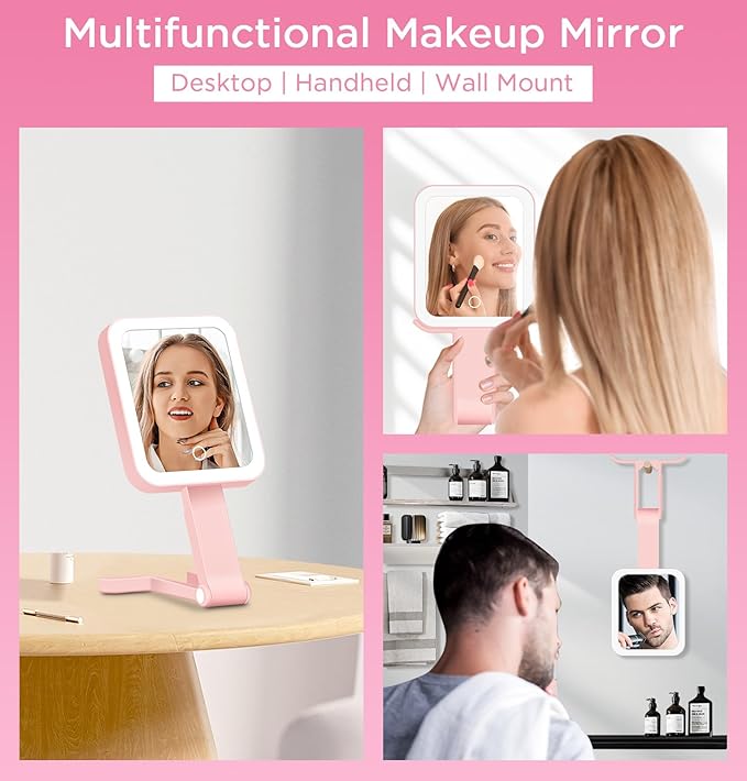 EAONE Travel Makeup Mirror with Lights, Double Sided Magnifying Vanity Mirror 10X/1X with 3 Color Lighting & Dimmable Touch Screen, Compact Handheld Cosmetic Mirror for Bathroom, Women Gifts (Pink)