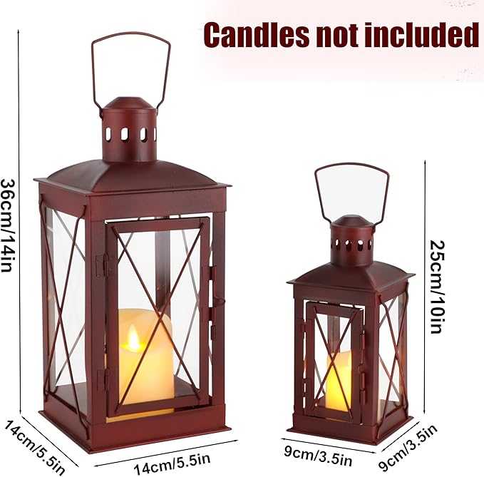 TRIROCKS Set of 2 Decorative Candle Lantern 14 & 10'' High Metal Candle Holder Hanging Lantern Perfect for Home Decor Patio Living Room Parties Events Tabletop Indoors Outdoors (Red)