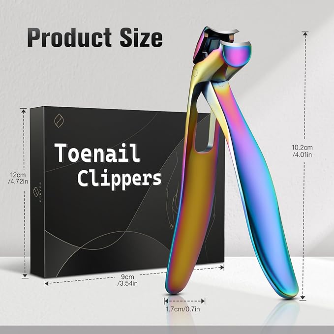 FERYES Angled Head Long Handled Toenail Clipper for Seniors - Large Wide Jaw Nail Clipper with Catcher for Thick Nails - Easier Trimming, Ergonomic Design (Rainbow