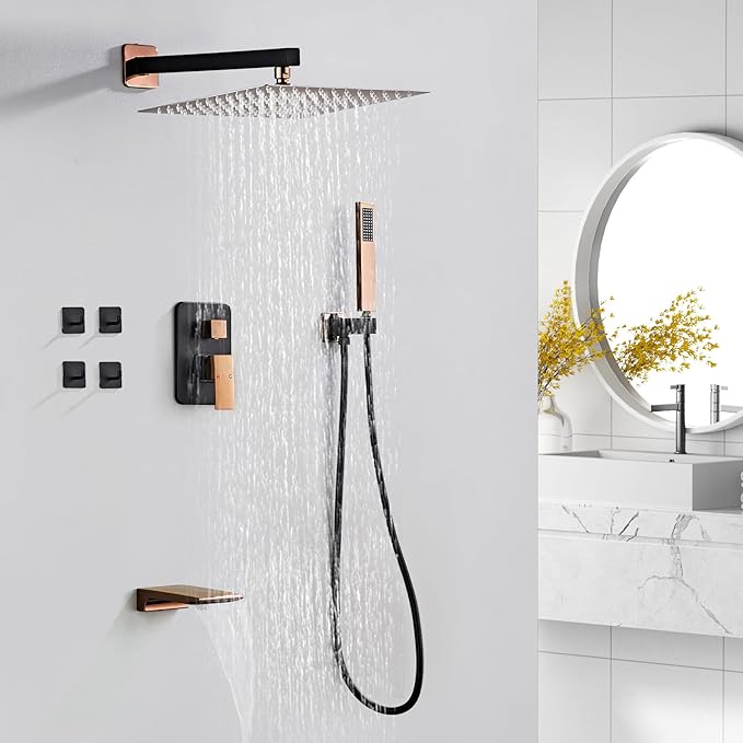LCEVCGK Shower Faucet Set Complete with Tub Spout Matte Black and Rose Gold Shower System with 10 inch Rainfall Shower Head and Handheld Shower Rain Shower Combo for Bathroom Wall Mounted