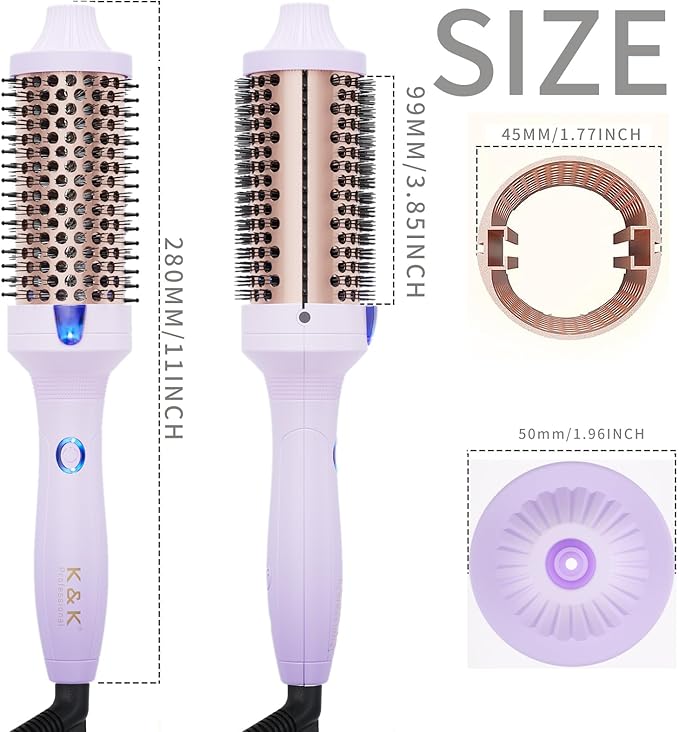 K&K 1.77 Inch Ceramic Tourmaline Ionic Heated Round Brush Curling Brush Creates Blowout Look -Creates Root Volume & Loose Curls Volume Curls Dual Voltage Hair Styling Tool (Purple, 1.77 Inch)