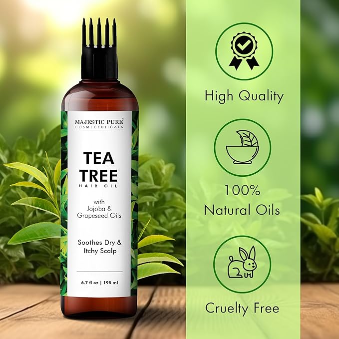 Majestic Pure 100% Pure Tea Tree Oil with Biotin for Hair Care, Strengthening, Nourishing, and Volumizing Formula with Jojoba Oil and Castor Oil - Non GMO Verified, 198 ml
