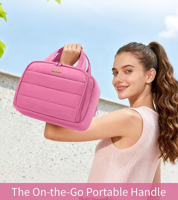 Bagstellar Travel Toiletry Bag, Lightweight Wide-open Large Puffy Toiletry Bag for Women, Quilted Makeup Bag Organizer Water-resistant Cosmetic Bag with Handle for Toiletries, Essentials, Accessories