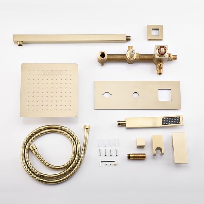 SUMERAIN Brushed Gold Rain Shower System with Handheld Shower, Pressure Balancing Shower Mixer Valve