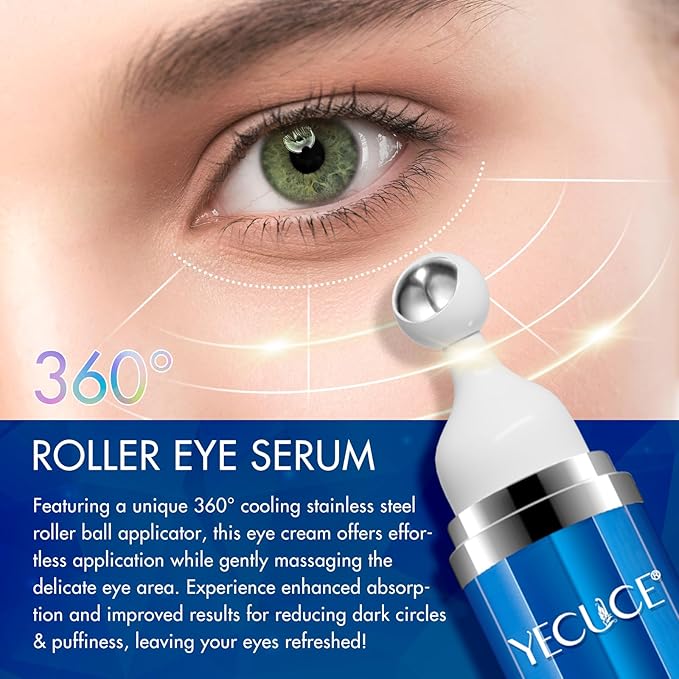 5% Caffeine Eye Serum for Dark Circles & Puffiness, Under Eye Serum with Retinol, Hyaluronic Acid & Niacinamide, Cooling 360° Roller Eye Treatment for Fine Lines, 0.5 fl oz
