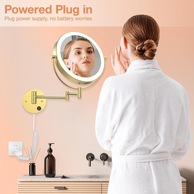 Benbilry 9" Large Wall Mounted Lighted Makeup Mirror, 1X/10X Magnifying 2-Sided AC Plug-in Powered Bathroom Mirror with 3 Color Lights, Touch Dimmable, Extended Arm 360° Rotation, 【Gold】