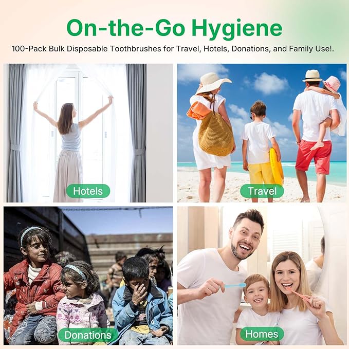 100-Pack Premium Bulk Disposable Toothbrushes, Individually Wrapped, Soft Bristles, Peanut Grip Handle for Travel, Guest Bathroom, Hotel & Emergency Kits, Family, Kids & Adults, Single Use