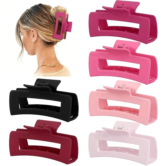 4 Inch Big Hair Claw Clips 6 Pcs Large Claw for Thick Hair Square Hair Clips for Women Rectangle Hair Clips Nonslip Acrylic Banana Jaw Clips Hair Accessories for Girls (Pink)