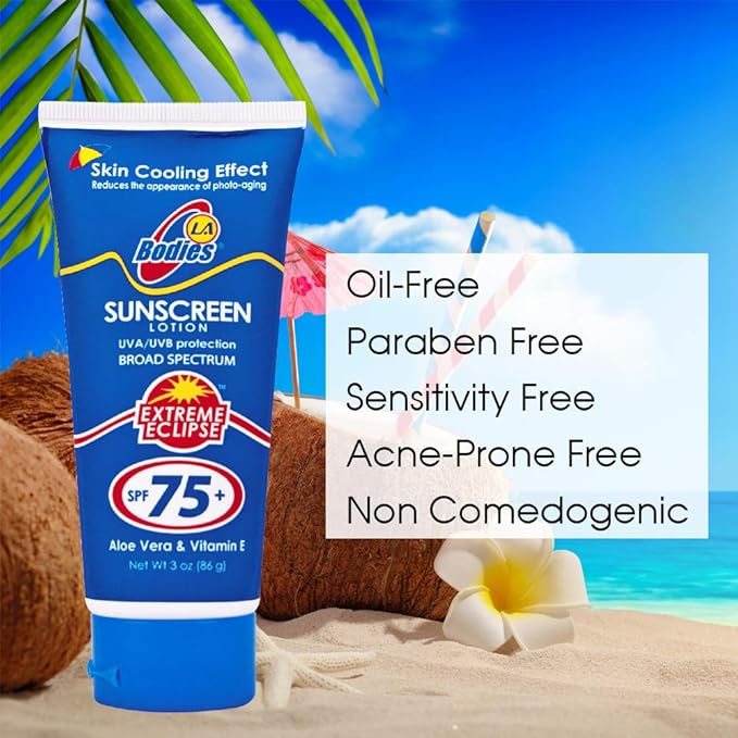 Sunscreen Moisturizing Face & Body Lotion (SPF 75) w/Aloe Vera for Cooling Sensation | LA BODIES | For Acne Prone Skin | Quick Absorption | UVA UVB Protection Sunblock | 3oz | 3 Pack