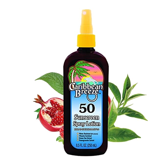 Caribbean Breeze Sunscreen Spray SPF 50 Lotion, Mango Scent Lime Fragrance Tanning Sunscreen Spray On Sunscreen with Green Tea & Pomegranate Extracts, 8.5 oz (250 ml)