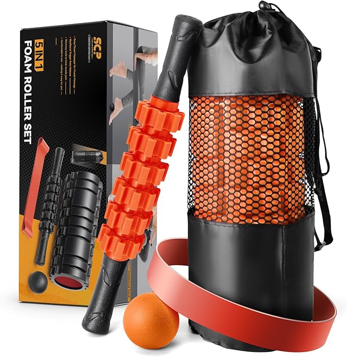 5-in-1 Foam Roller Set for Deep Tissue Muscle Massage, Trigger Point Fitness Tool with Muscle Stick Roller, Massage Ball, Stretching Strap for Whole Body (Orange-New)