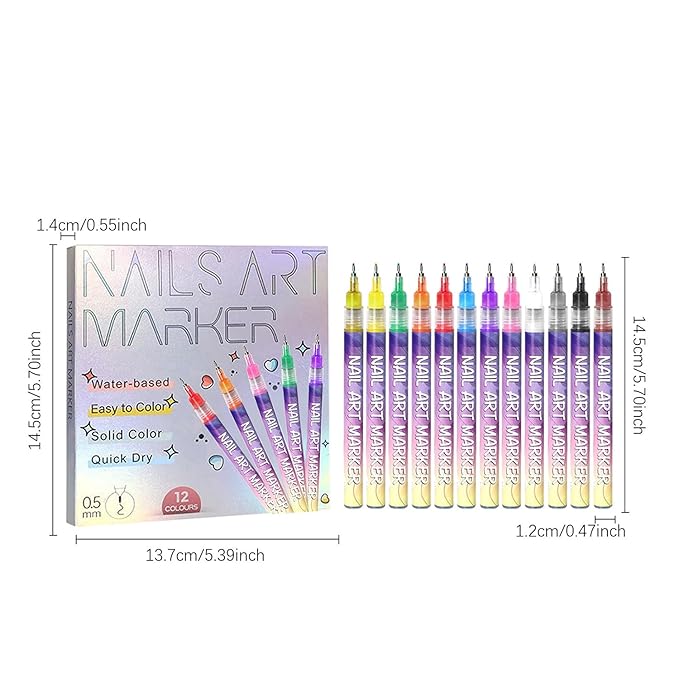 Nail Art Pens 12 Colors Nail Art Pens Set, 0.5mm 3D Nail Polish Pens+24 Reusable Template Stickers Nail Art Markers for Nail Art, Quickly Dry Nail Art Pen for Painting Nails for Home Salon