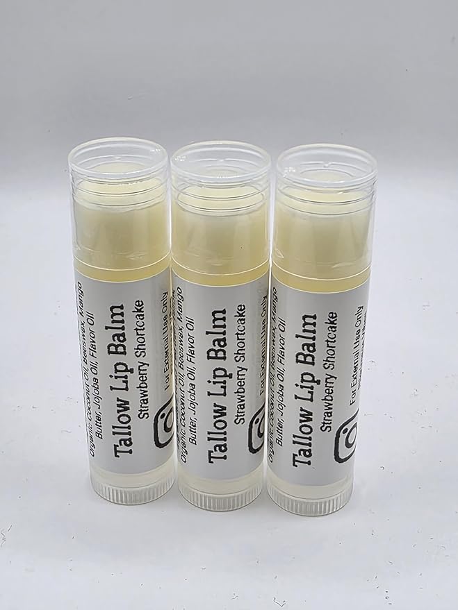 Tallow Lip Balm (Strawberry Shortcake) Handmade Grass Fed Beef Tallow Lip Balm with Nourishing Oils (3 Pack)