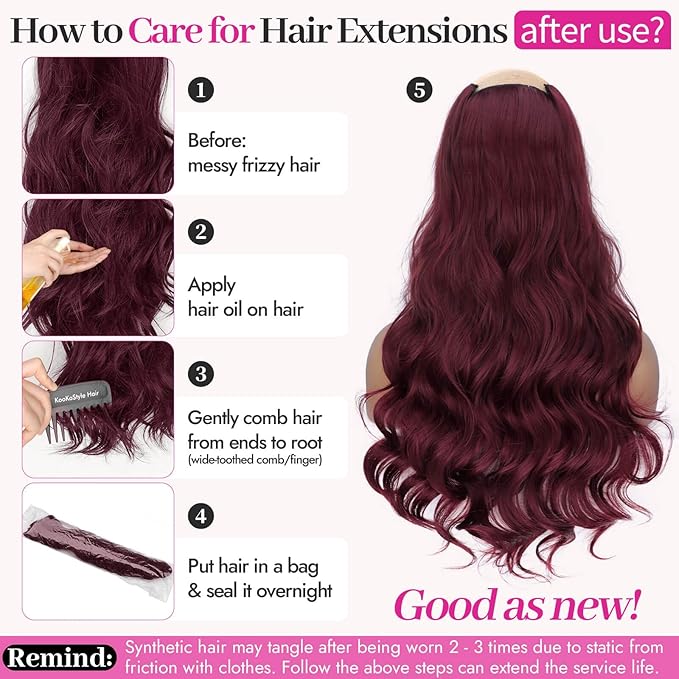 Kookastyle Clip in Hair Extensions, Natural Long Layered Soft Invisible Synthetic Curly Hairpieces for Women,4 pcs(20 Inch,Burgundy)