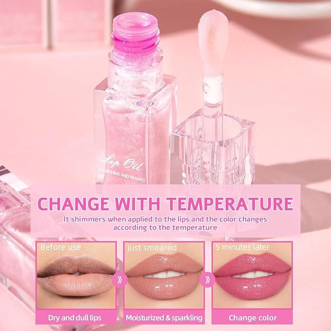 Erinde Magic Color Changing Moisturizing Lip Glow Oil, Plumping Glimmer Changing Lip Oil, Long Lasting Nourishing Lip Glow Oil, Non-sticky Fresh Texture Big Brush Lip Gloss Lip Balm, Pink Shimmer