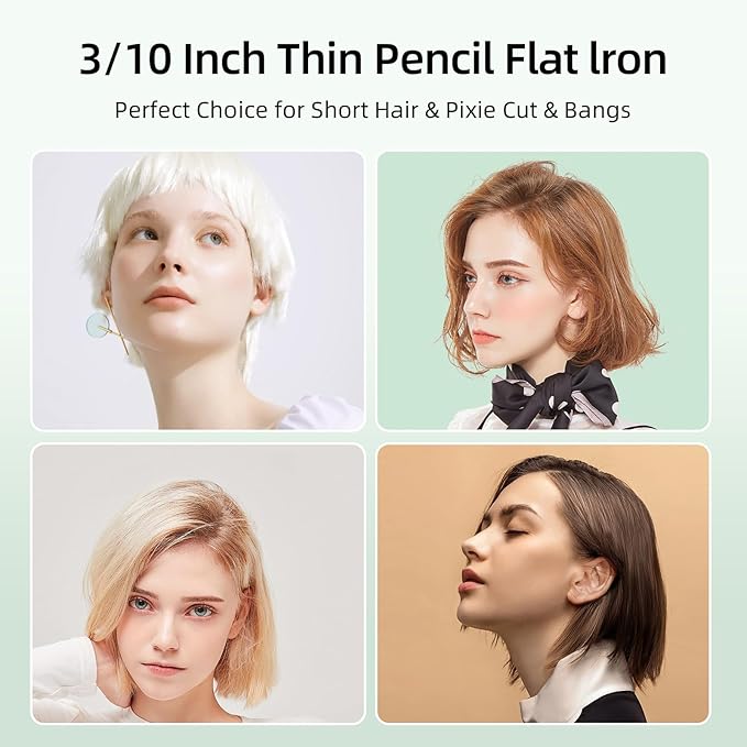Small Flat Irons for Short Hair, 15s Ultra Fast Heat Up Pencil Flat Iron, Negative Ions Mini Flat Iron for Edges, 3/10'' Travel Hair Straightener with LED Display Auto Shut Off(Green)
