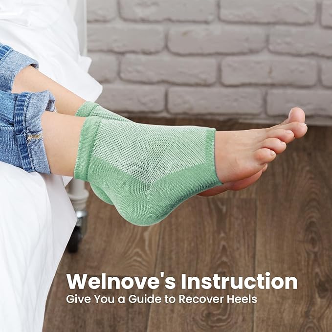 Welnove Moisturizing Heel Socks - 2 Pairs Aloe Vera Extract Infused Gel Lining for Dry Feet - Cracked Heel Repair Treatment - Cotton Socks for Women Men Foot Care (Green, Extra Large)