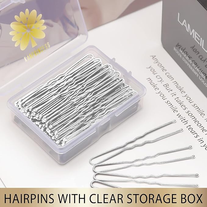 100PCS 2.4Inch U Shaped Hair Pins,Brown Bobby Pins for All Hair Types,Hair Pins for Women,Pain-Free U Pins for Buns With Box(Silver)