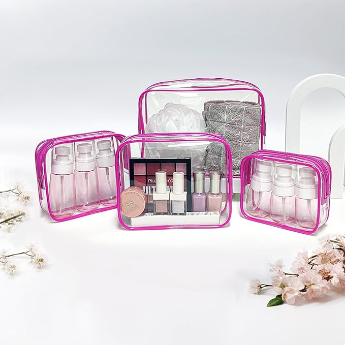 TSA Approved Toiletry Bag, 4 Pcs Clear Toiletries Bags Quart Size Travel Makeup Cosmetic Bag for Women Men, Carry on Airport Airline Compliant Bag (Rose Pink, Pack of 4)