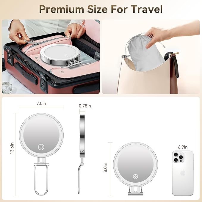 Travel Makeup Mirror with Lights,3000mAh Rechargeable 1X/20X Magnifying Mirror with Light, 7" Portable Lighted Beauty Mirror, Make Up Mirrors with 3 Light Colors, Dimmable Tabletop Handhold Hanging