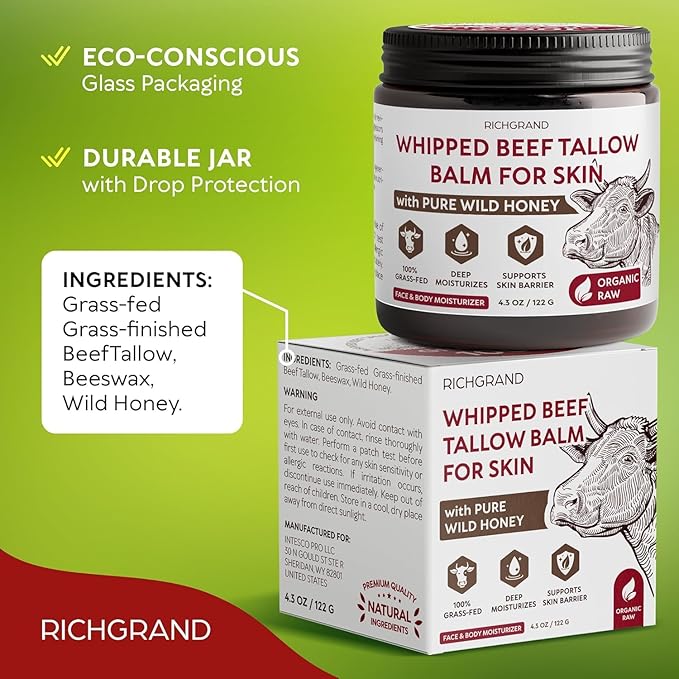 Beef Tallow for Skin, 4 Pack (17.2 fl oz) - Whipped Grass-Fed Moisturizer with Wild Honey & Beeswax, Natural Face & Body Care, Deep Hydration, Anti-Aging, Sensitive Skin Safe