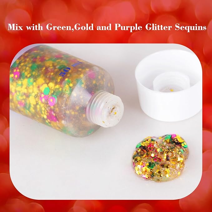 MEICOLY Mardi Gras Face Body Glitter Gel,Skin-Friendly Holographic Hair Glitter for Kids & Adults, Music Festival Concert Rave Makeup,Gold Green Purple Mixed Chunky Glitter for Mardi Gras Carnival
