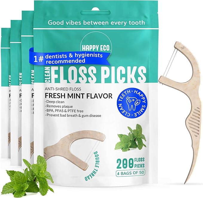 Dental Floss Picks (200pcs) - Flossers for Adults, Vegan Corn-Straw Handle, Superior Oral Care & Anti-Shred Thread, Dental Hygiene, Tooth Pick Sticks, Teeth & Gum Health (Mint, Double Thread)