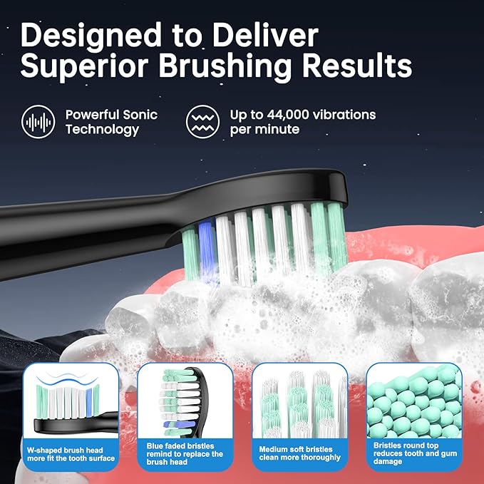 YUNCHI Electric Toothbrush Birthday/Valentine Plastic 8 Heads 24-Mo Deep Cleans Gentle Gums Removes Stains 3Hr USB-C 90d 2-Min Timer/30s IPX7 - Black