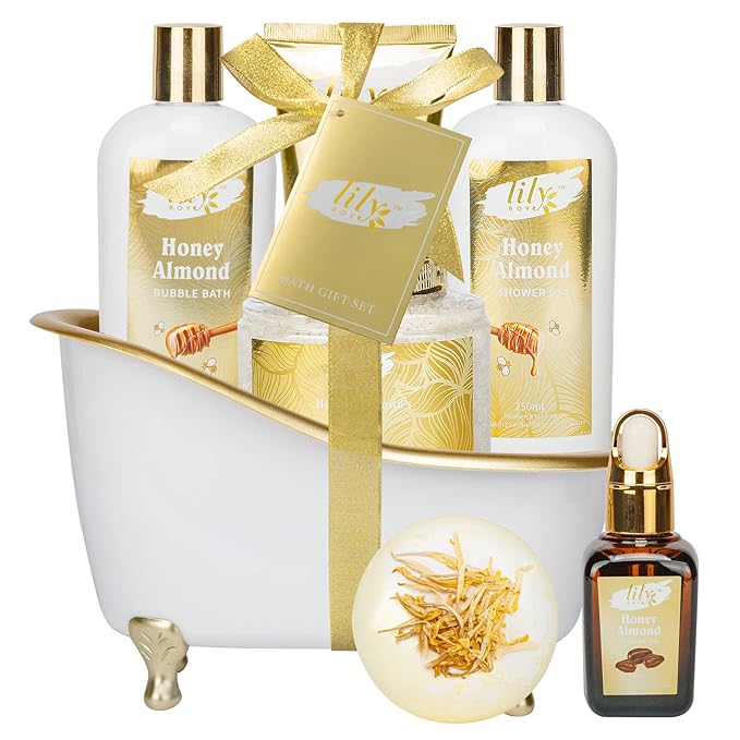 Valentines Day Gifts for Women - 7-Piece Honey Almond Spa Gift Set, Bath & Body Gift Set, Bath Collection | Mothers Day Gifts for Mom, Fathers Day, Birthday, Christmas Gift, Holiday Present for Women